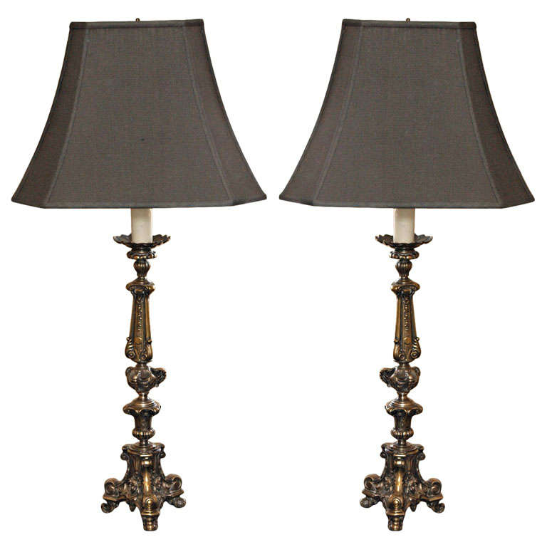 Pair French Silvered Bronze Candlesticks Repurposed as Lamps