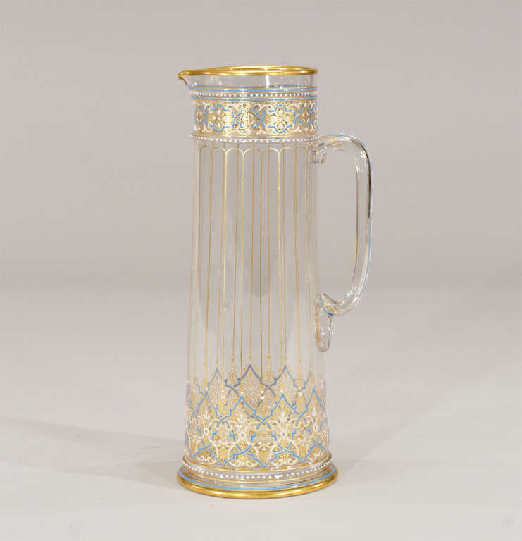 A rare example of a hand blown crystal pitcher designed by George Rehlender at the Lobmeyr factory. A fabulous example from the series of the Moorish-style decoration and described as 