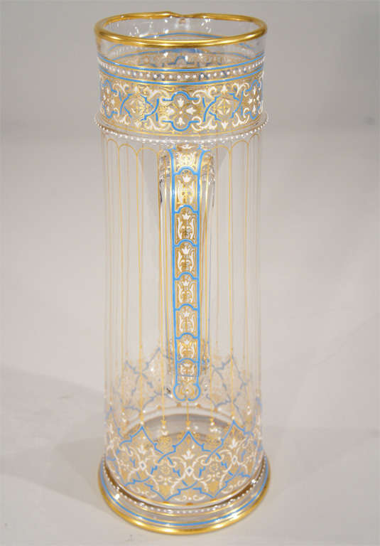 19th Century Signed Lobmeyr 19th c Moorish-Style Crystal Pitcher W/ Blue Enamel & Gilt Decor