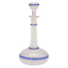 Antique St. Louis Crystal Latticino Decanter w/ Blue "Paperweight" Trim