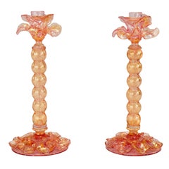 Salviati Hand Blown Venetian  Rose Candlesticks w/ Gold Leaf