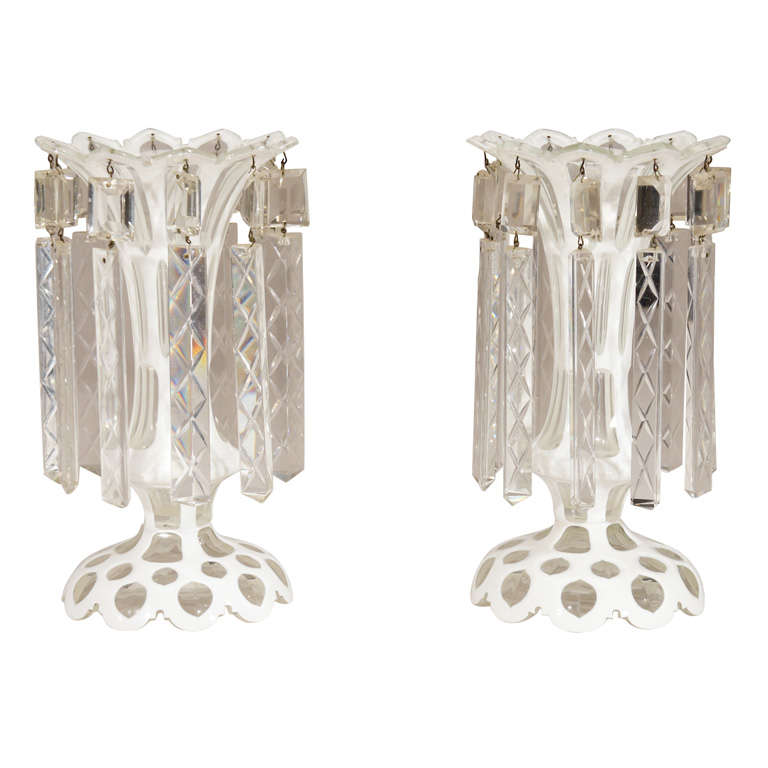 Pair of Hand Blown Crystal Cased White Overlay Lustres For Sale