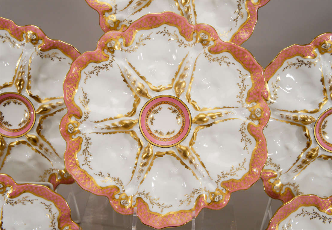 Set Of 12  Old Paris Hand Painted Pink Oyster Plates With Gold