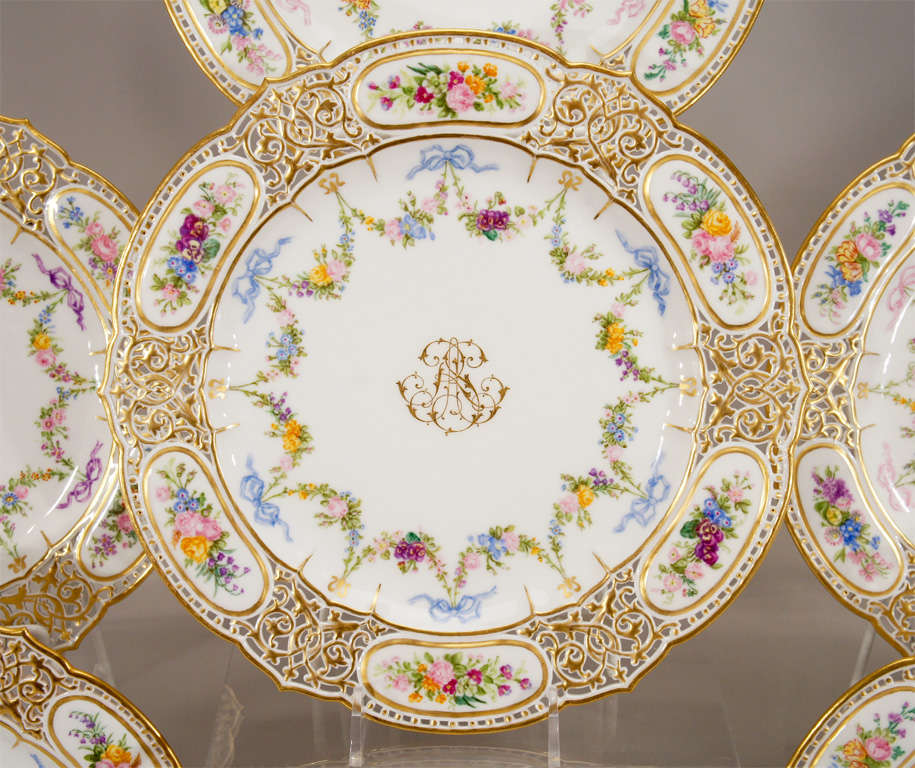 Set Of 12 Sevres Pierced/Reticulated Hand Painted Plates