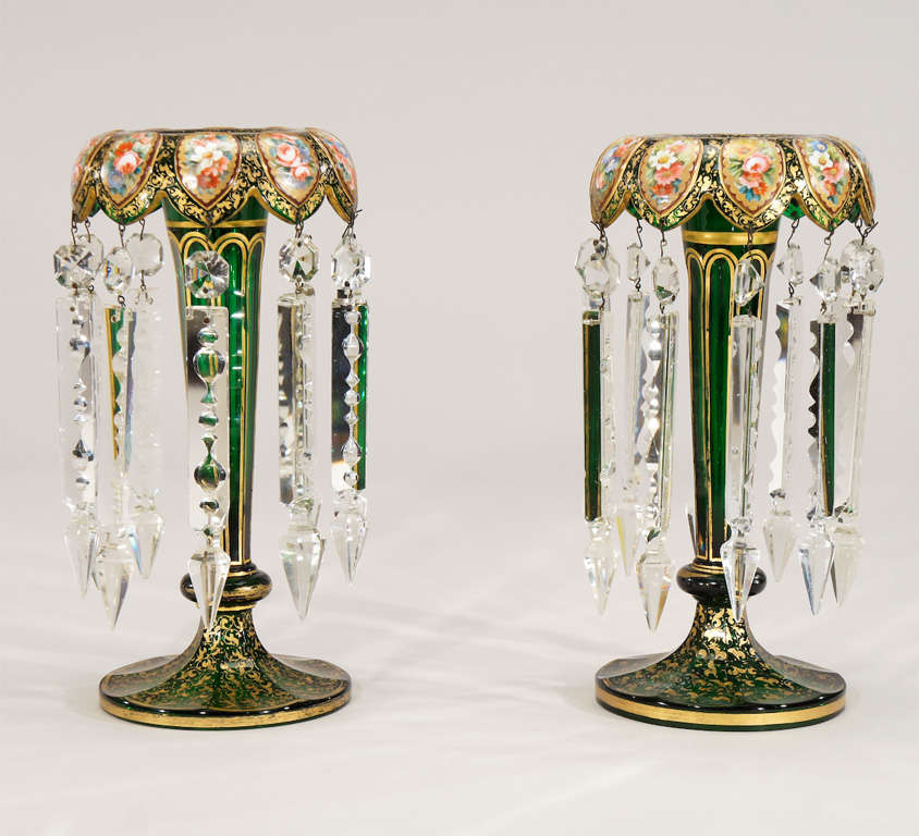 Pair of Moser Green Lustres w/Gold and Hand Painted Reserves