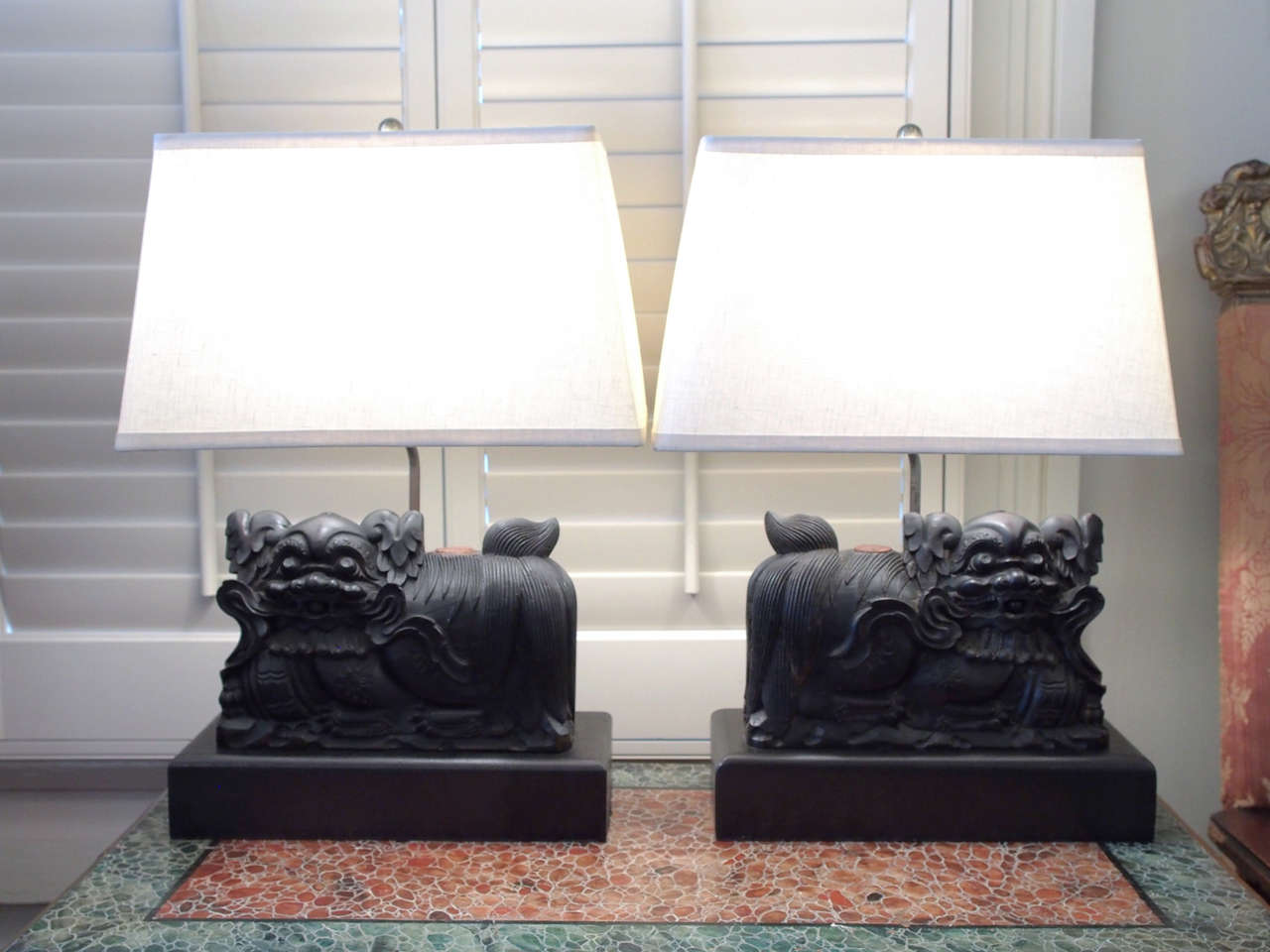 Pair of Finely Carved Foo Dogs Mounted as Lamps