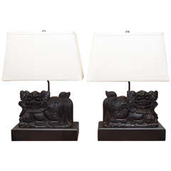 Pair of Finely Carved Foo Dogs Mounted as Lamps