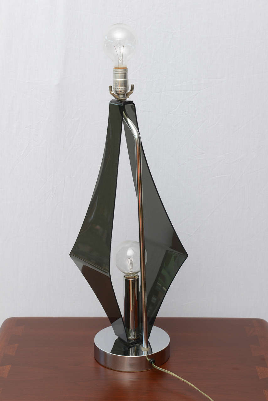 Pair of Double-Bulbed Geometric, Smoked Lucite and Chrome Lamps, 1970s USA For Sale 1