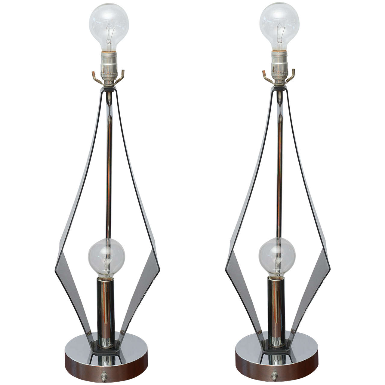 Pair of Double-Bulbed Geometric, Smoked Lucite and Chrome Lamps, 1970s USA For Sale