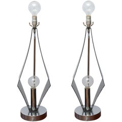 Pair of Double-Bulbed Geometric, Smoked Lucite and Chrome Lamps, 1970s USA