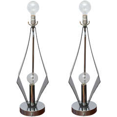 Pair of Double-Bulbed Geometric, Smoked Lucite and Chrome Lamps, 1970s USA 5