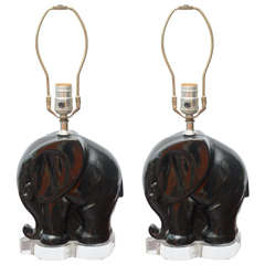 Pair of Black Ceramic and Lucite Table Lamps, 1950s USA 1