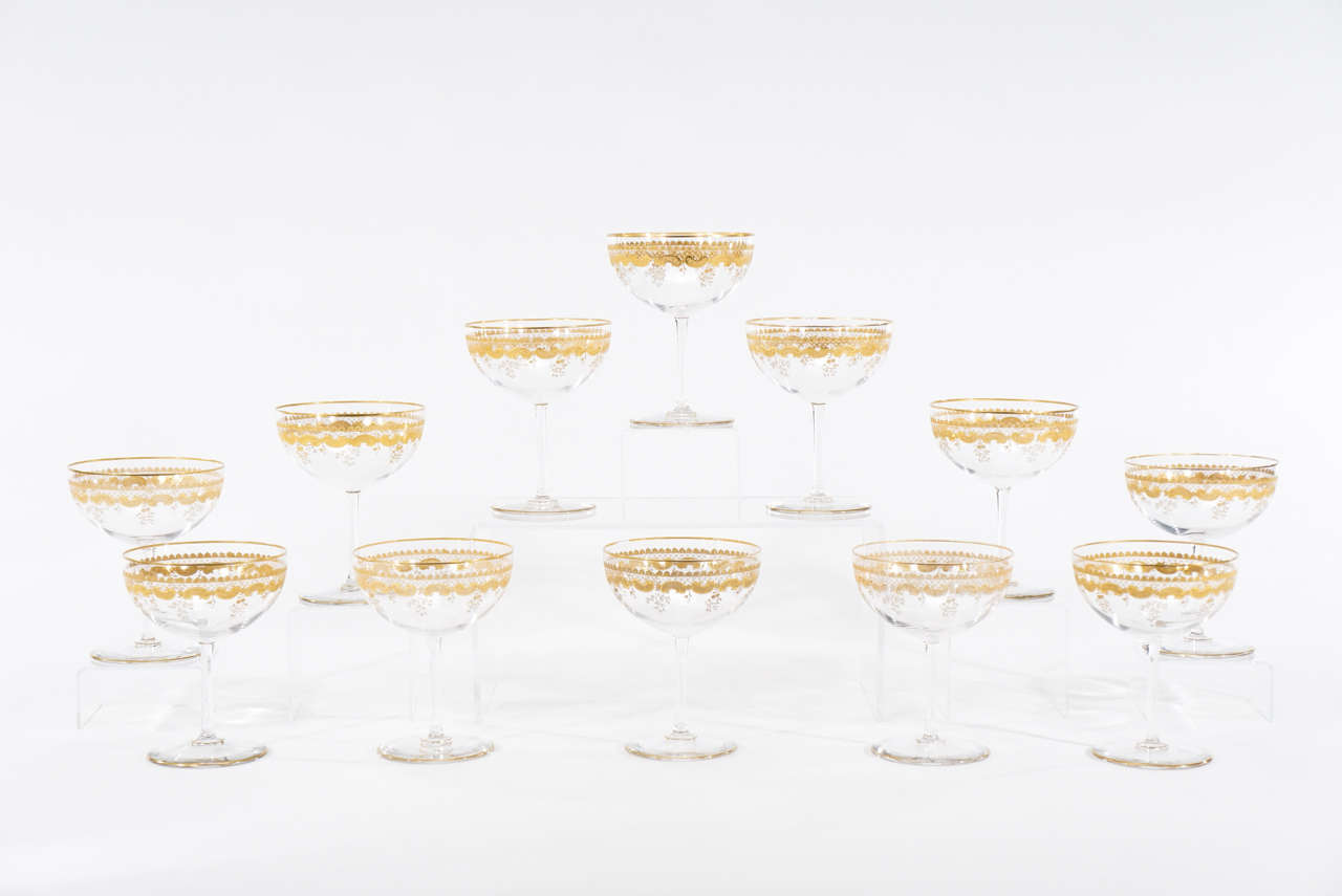 French Set of 12 St. Louis, Hand Blown Crystal Footed Dessert Compotes or 