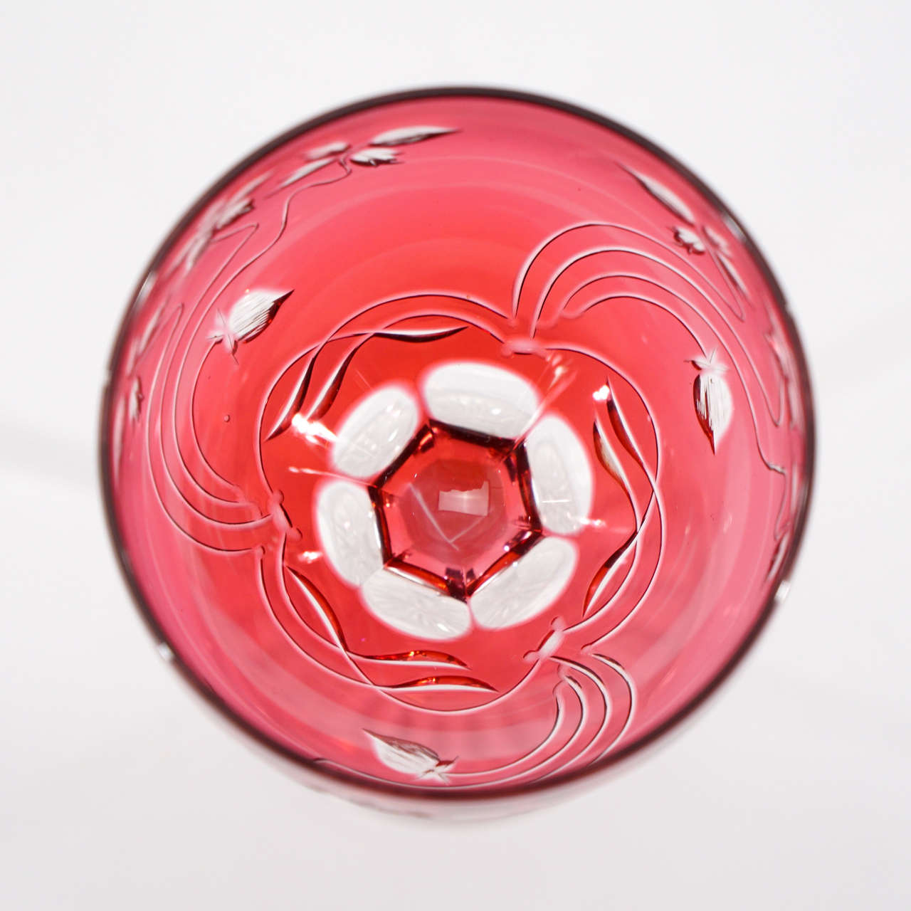 Crystal 12 Baccarat Cranberry Art Nouveau Hock Wine Goblets with Intaglio Cut Decoration For Sale