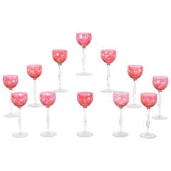 12 Baccarat Cranberry Art Nouveau Hock Wine Goblets with Intaglio Cut Decoration 4
