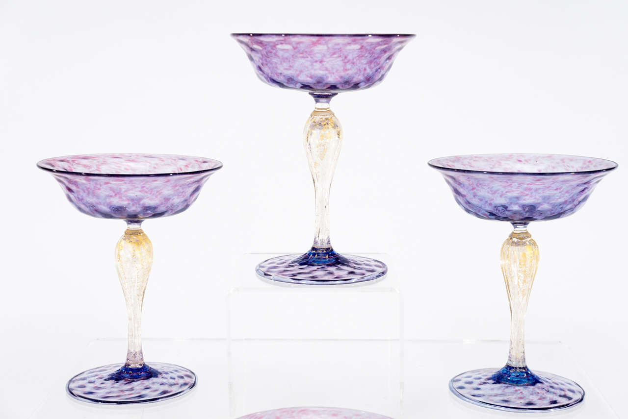 Italian 12 Salviati Venetian Amethyst Champagne/Compotes with Gold Leaf Inclusions