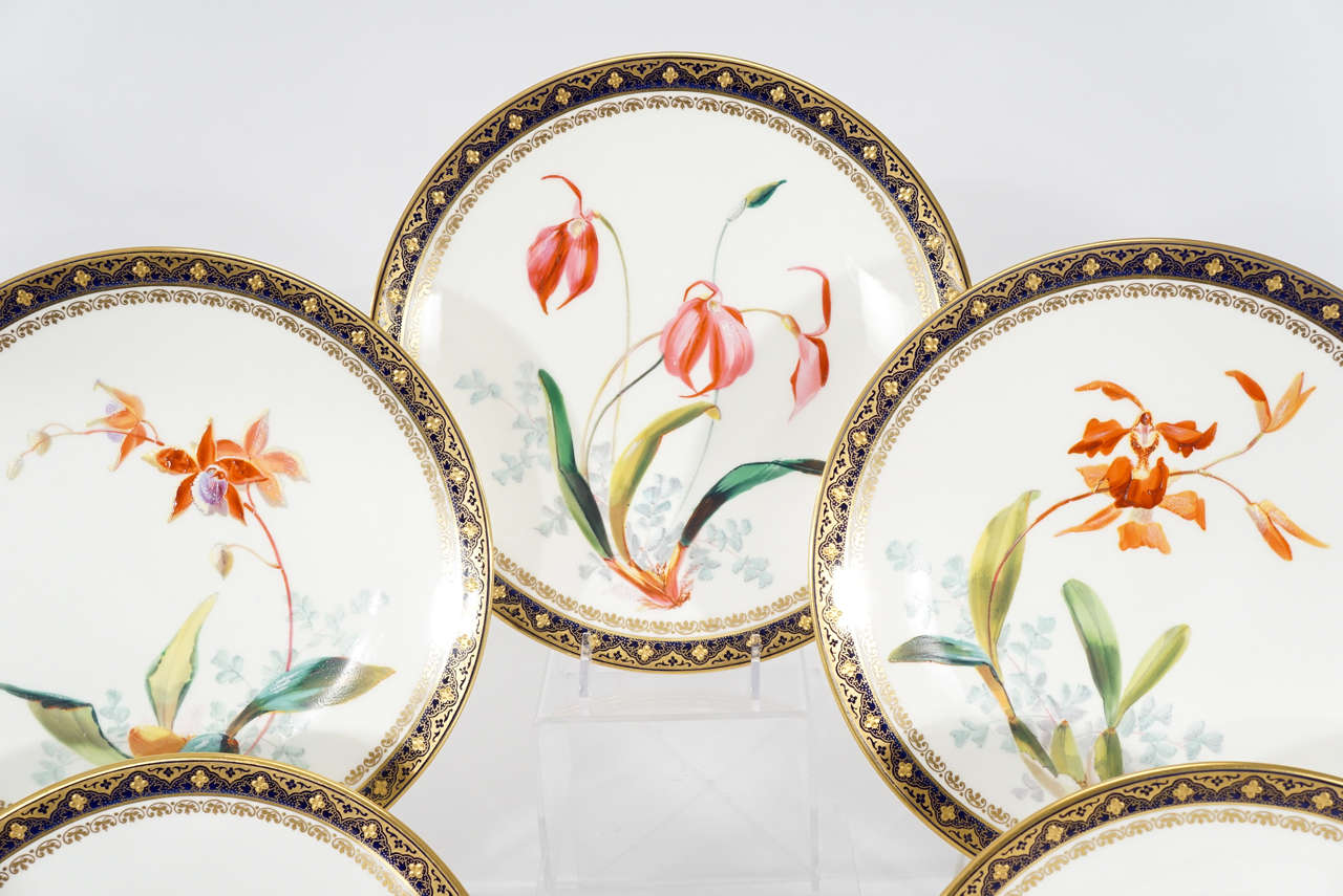 English Brownfield Aesthetic Movement Dessert Service with Hand-Painted Orchid For Sale