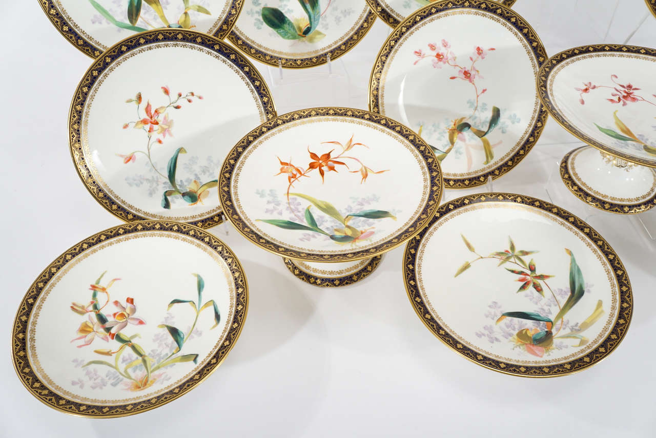 Brownfield Aesthetic Movement Dessert Service with Hand-Painted Orchid In Excellent Condition For Sale In Great Barrington, MA