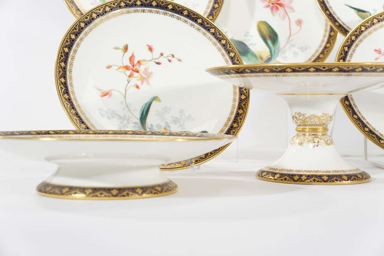 Porcelain Brownfield Aesthetic Movement Dessert Service with Hand-Painted Orchid For Sale