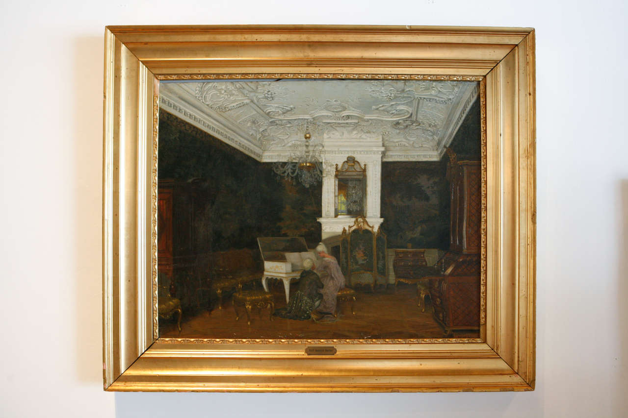 A beautiful moment of a courting couple in Denmark's beautiful Baroque castle.
Painting initialed by artist, circa 1890.
