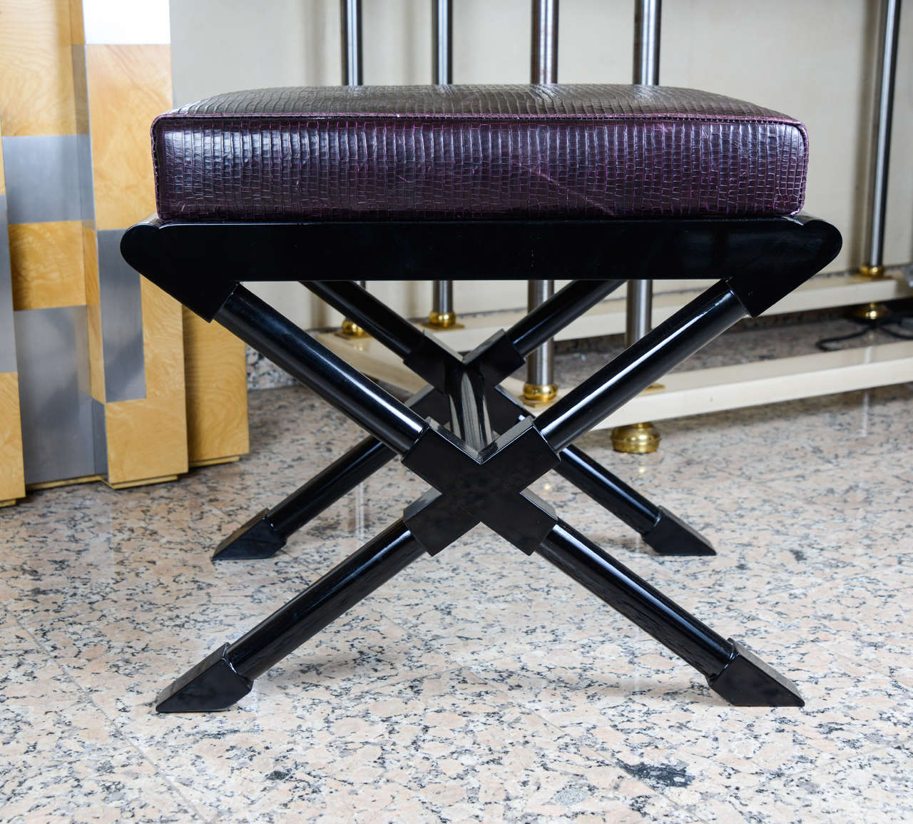 1970's pair of black lacquered wood  X stools.
Cushion in leather