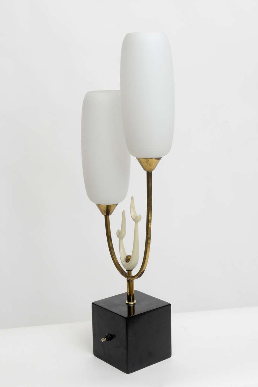 Mid-Century Modern Italian Modern Brass Enamel and Glass Lamp, Arteluce For Sale