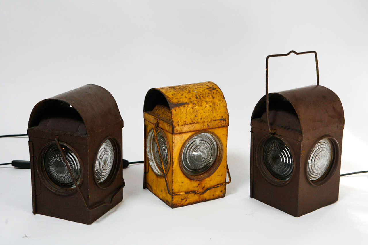Antique road work lanterns, England, circa 1940.

Recently electrified and rewired, US standards.