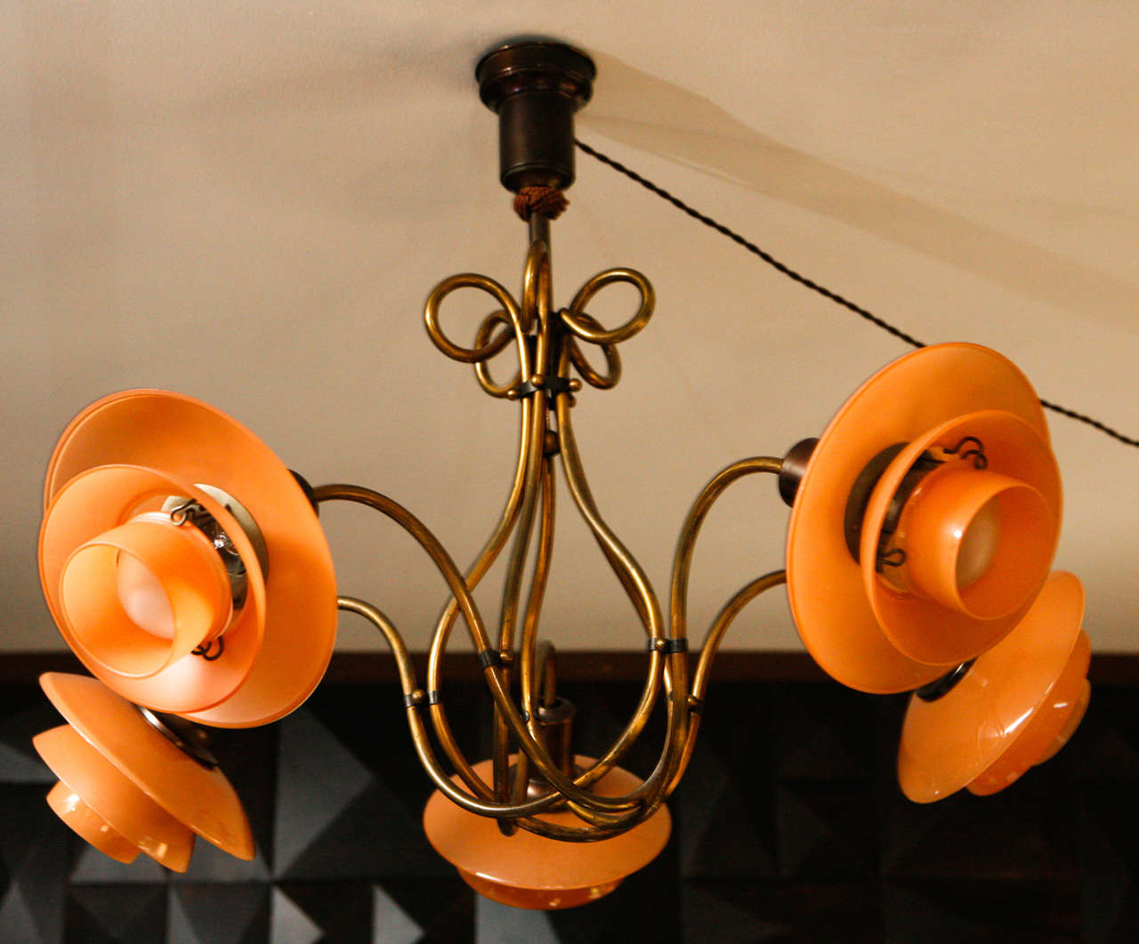 Five-arm basket chandelier by Poul Henningsen, Denmark, circa 1931. 
Salmon colored matte glass 2/2 shade set with browned brass frame and socket covers. 

All original pieces, signed with impressed mark to each socket. Patented