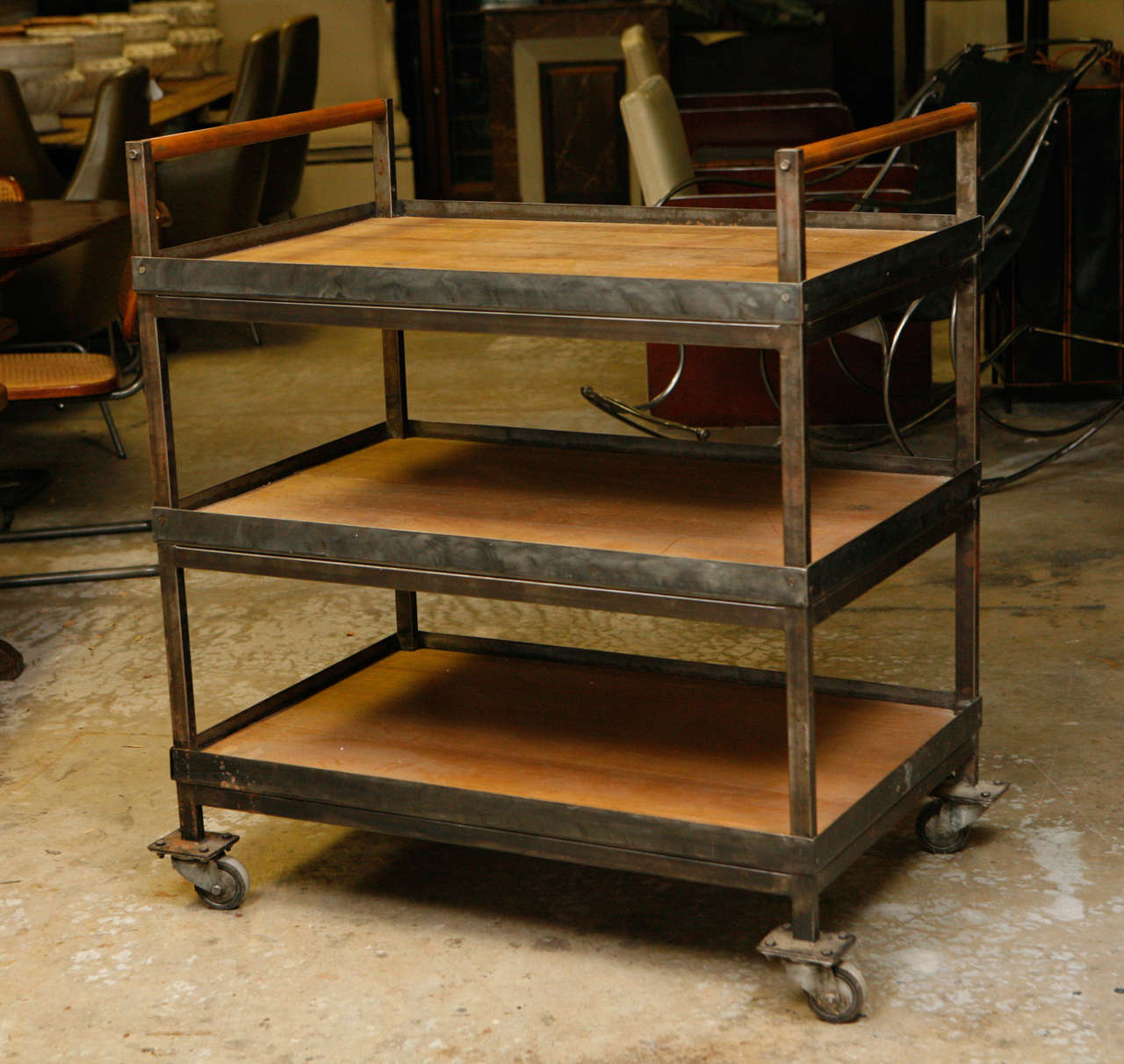 French Industrial Three-Tray Cart with Wheels