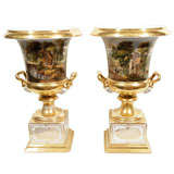 A Pair of Antique Paris Porcelain Urns with French Countryside Scenes