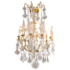 Antique French 1900s Belle Époque Brass and Crystal 10-Light Chandelier with Pendeloques
