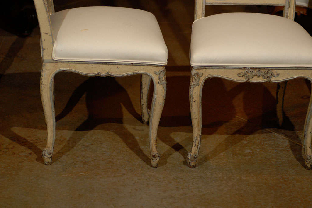 19th Century Set of Six Rococo Style Belgian Painted Dining Room Chairs with Carved Crests