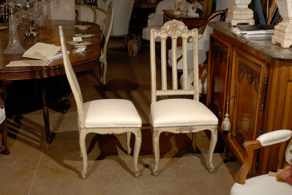 Upholstery Set of Six Rococo Style Belgian Painted Dining Room Chairs with Carved Crests