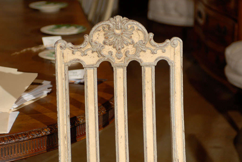 Set of Six Rococo Style Belgian Painted Dining Room Chairs with Carved Crests 3