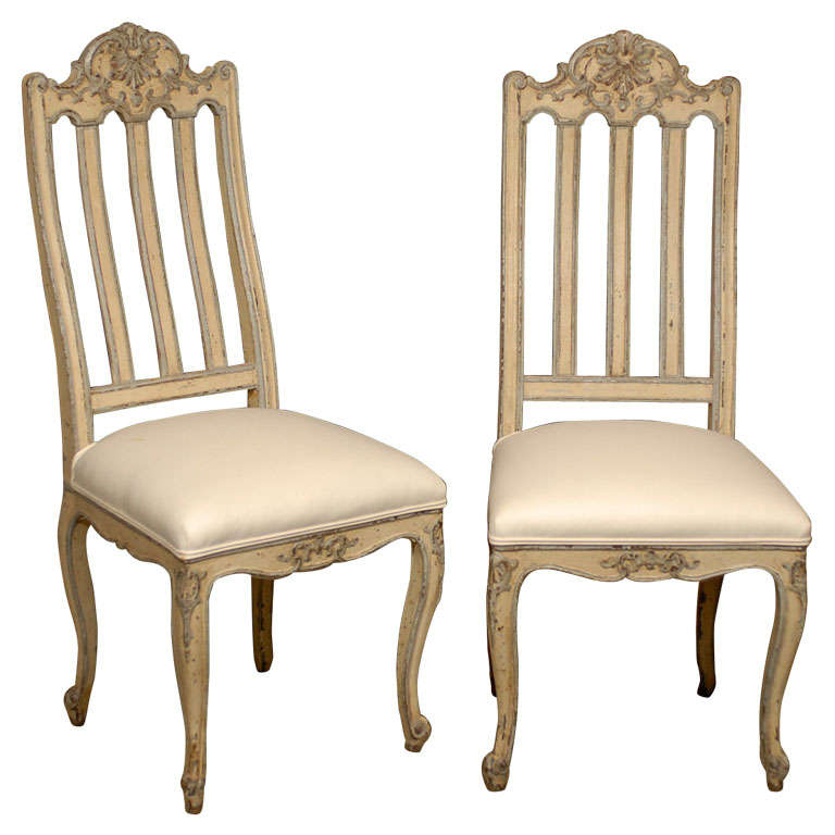 Set of Six Rococo Style Belgian Painted Dining Room Chairs with Carved Crests