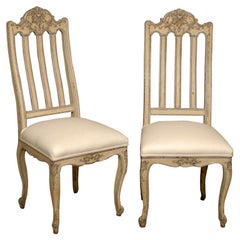 Set of Six Rococo Style Belgian Painted Dining Room Chairs with Carved Crests