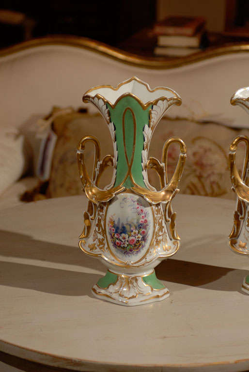 French Pair of Paris Porcelain Vases with Floral Designs, circa 1860