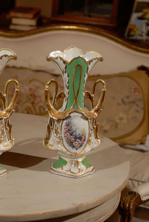 Pair of Paris Porcelain Vases with Floral Designs, circa 1860 In Good Condition In Atlanta, GA