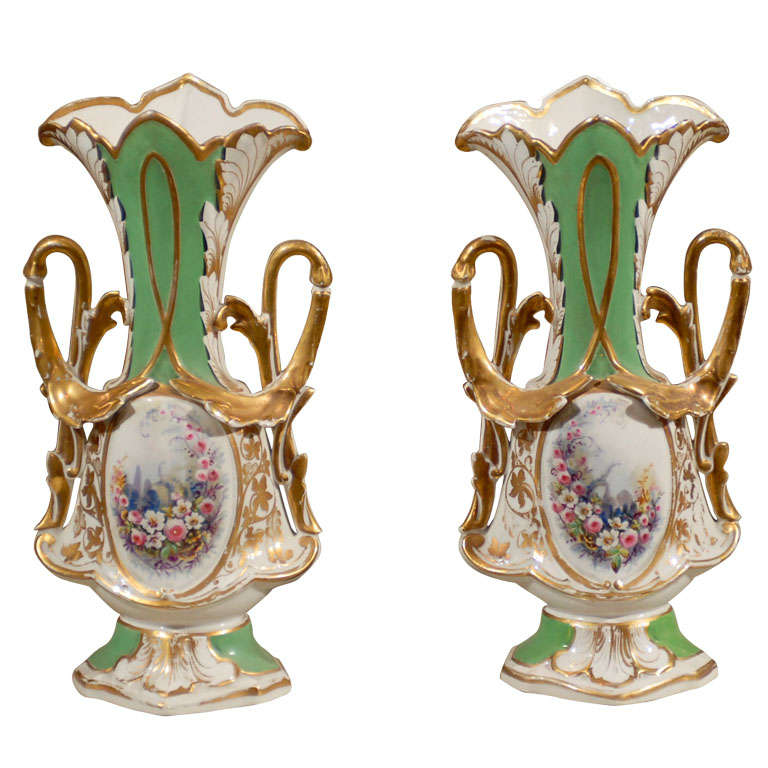 Pair of Paris Porcelain Vases with Floral Designs, circa 1860