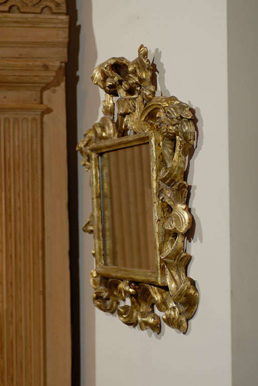 19th Century Pair of Italian Rococo Style Carved Giltwood Mirrors with Scroll Motifs, 1890s
