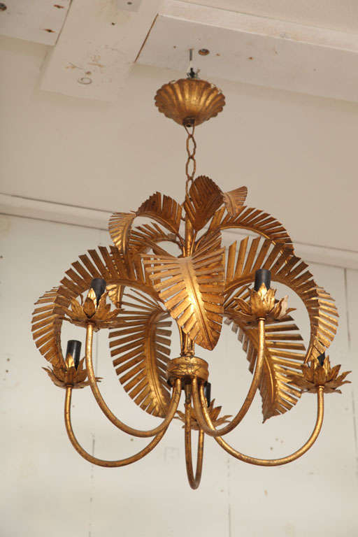 5 arm metal chandelier with cut metal palm leaves