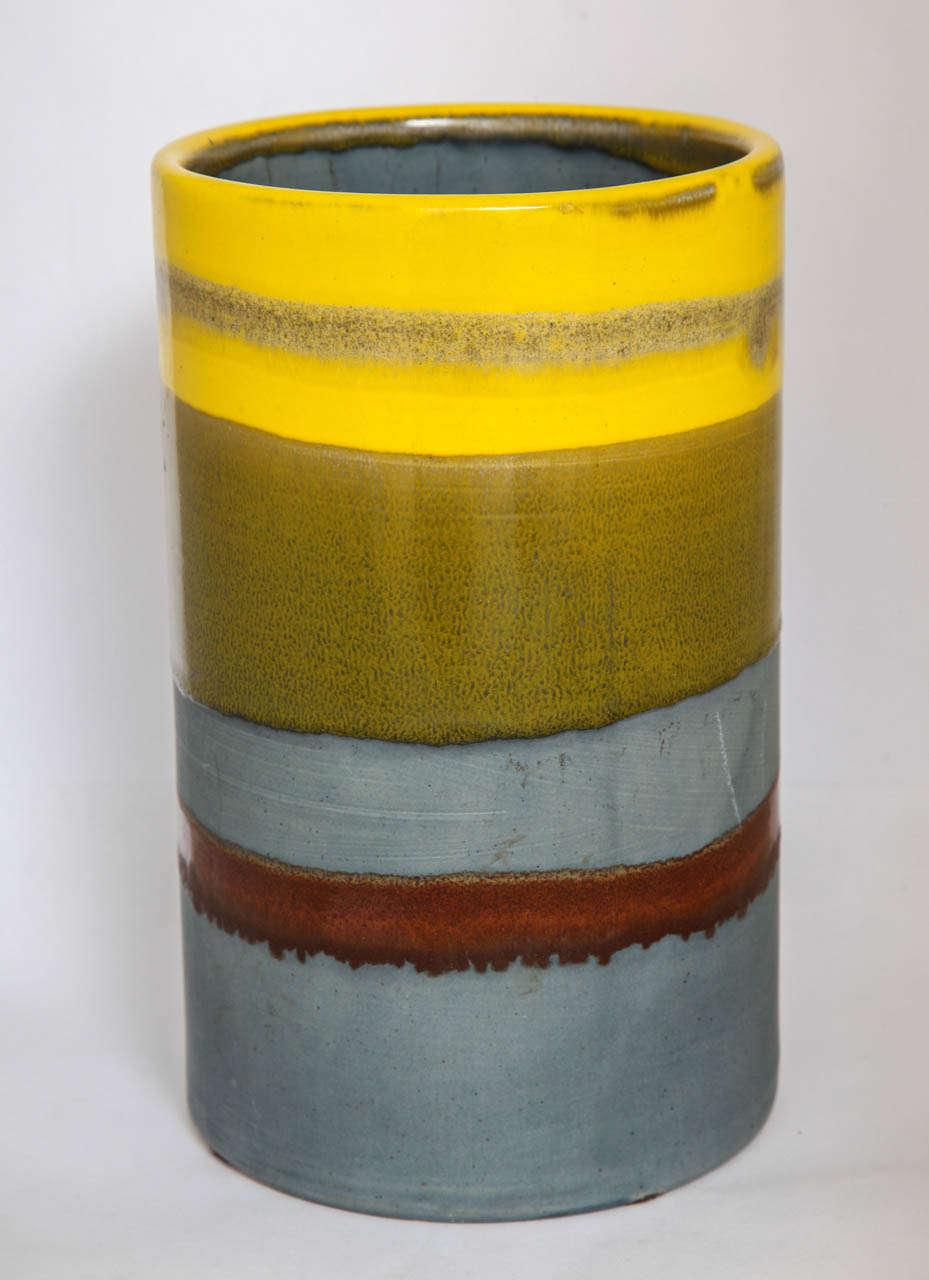 Italian vase glazed in a brilliant, unexpected color combination. Imported by Raymor and marked with sticker to base.