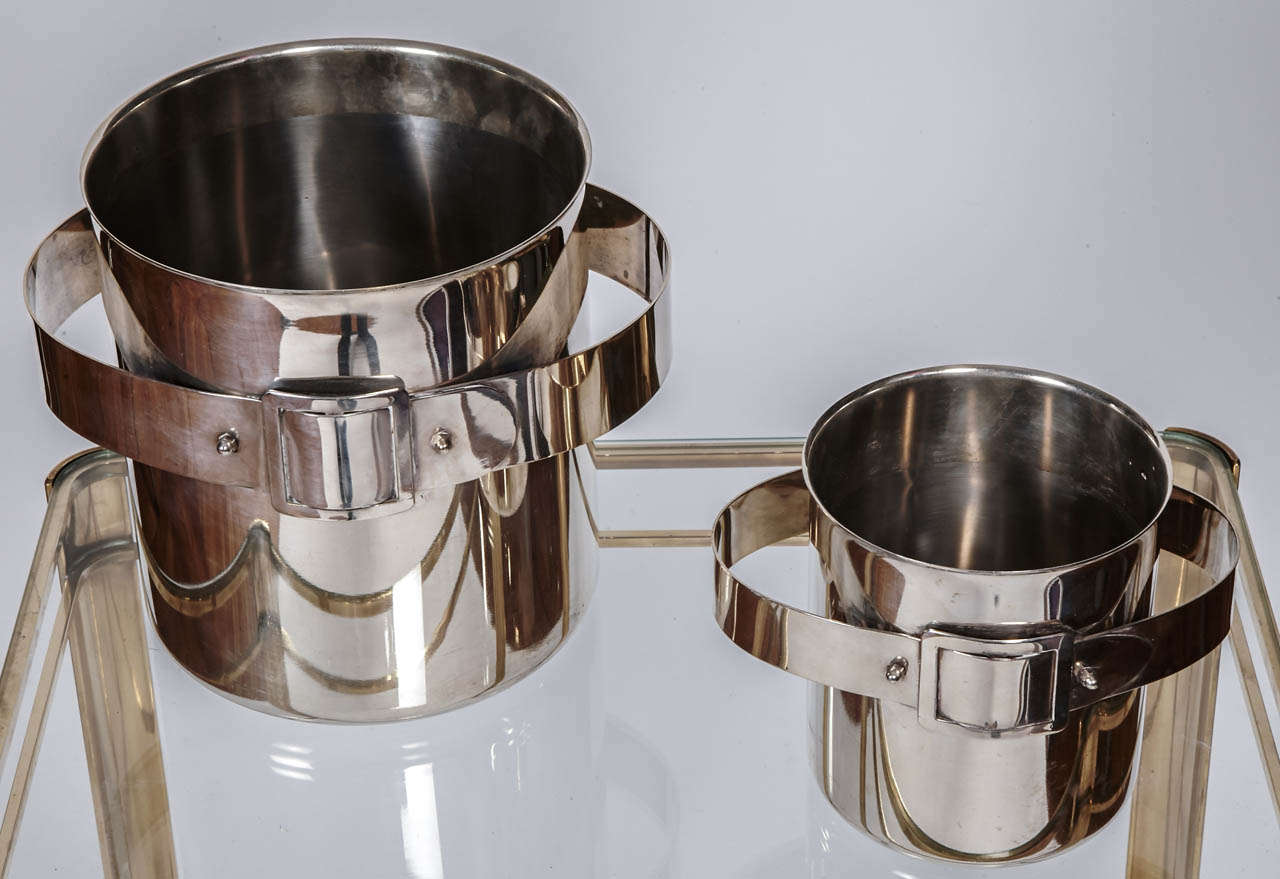 Pair of champagne and ice bucket by Maria Pergay silver plated H 20 cm, diameter 25 cm, H 13.5, diameter 18.5 cm.