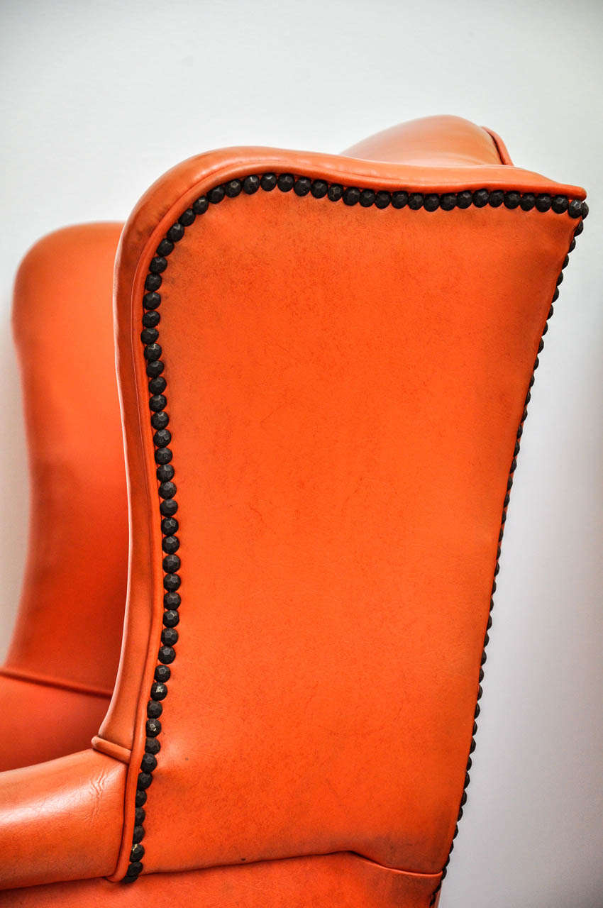 Vintage Orange Leather Wing Chair In Fair Condition In Phoenix, AZ