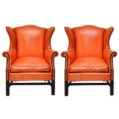 Vintage Orange Leather Wing Chair