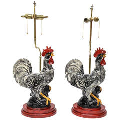 Pair of Vintage Majolica Rooster Lamps