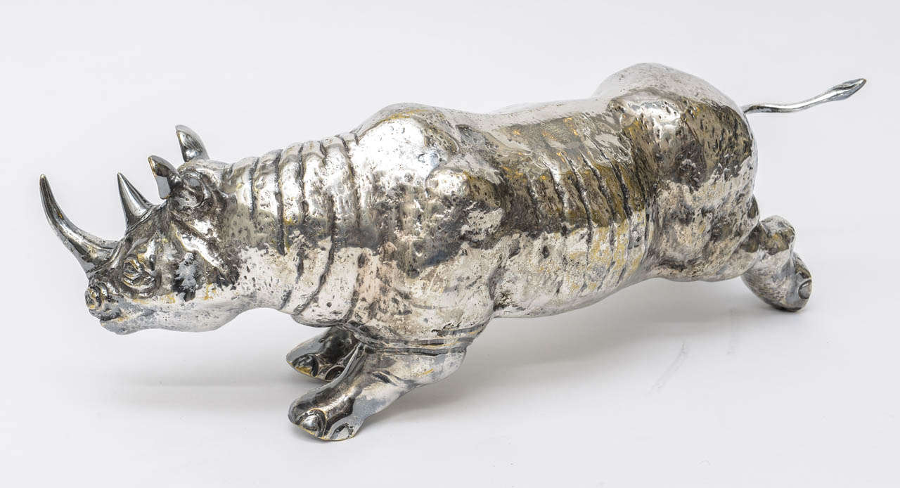 Mid-Century Modern Rare Large Silver on Bronze Running Rhinoceros