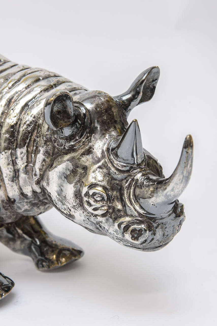 Rare Large Silver on Bronze Running Rhinoceros In Excellent Condition In West Palm Beach, FL