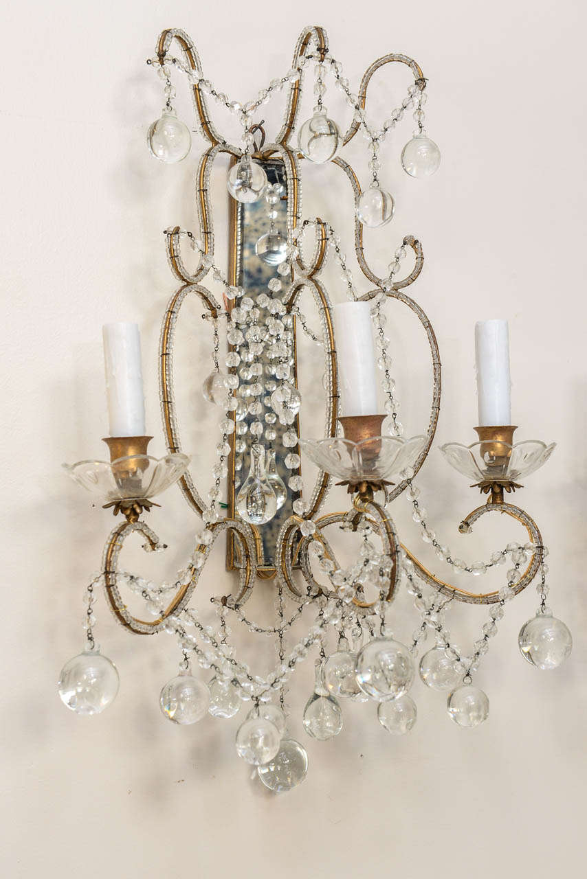 Pair of Mirrored and Crystal Sconces In Good Condition In West Palm Beach, FL