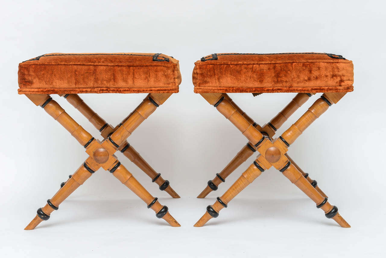 Pair of Fruitwood X Benches- Biedermeier Style In Excellent Condition In West Palm Beach, FL